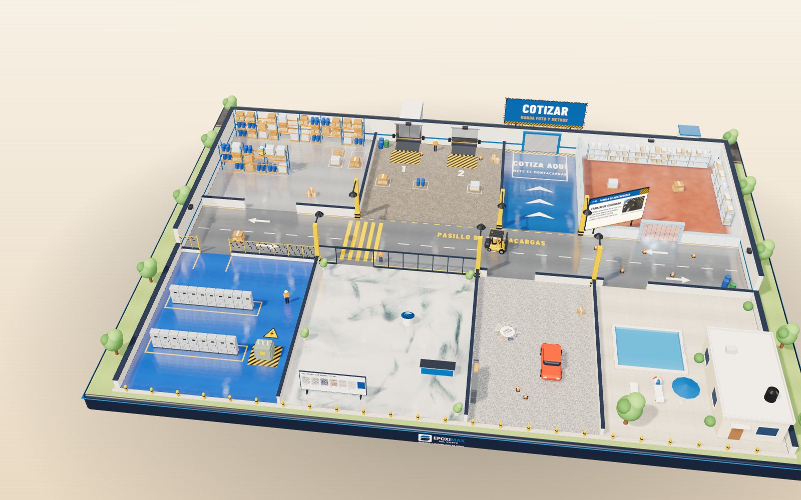 Planta industrial en miniatura: almacén con piso gris espejo, andén, cámara fría, cuarto eléctrico con piso azul, local con piso de mármol, cochera de hojuela y alberca. Un montacargas amarillo recorre el pasillo con franjas amarillas.
