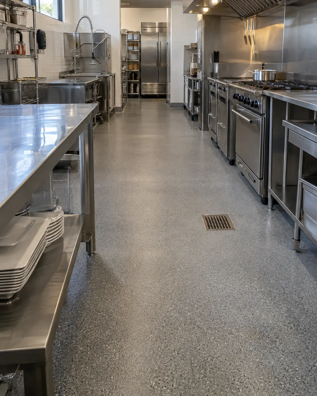 Cocina de restaurante con piso epóxico de cuarzo gris y zoclo sanitario (imagen de referencia)