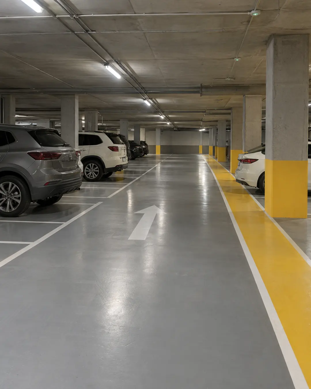 Estacionamiento subterráneo con piso epóxico y señalización integrada (imagen de referencia)