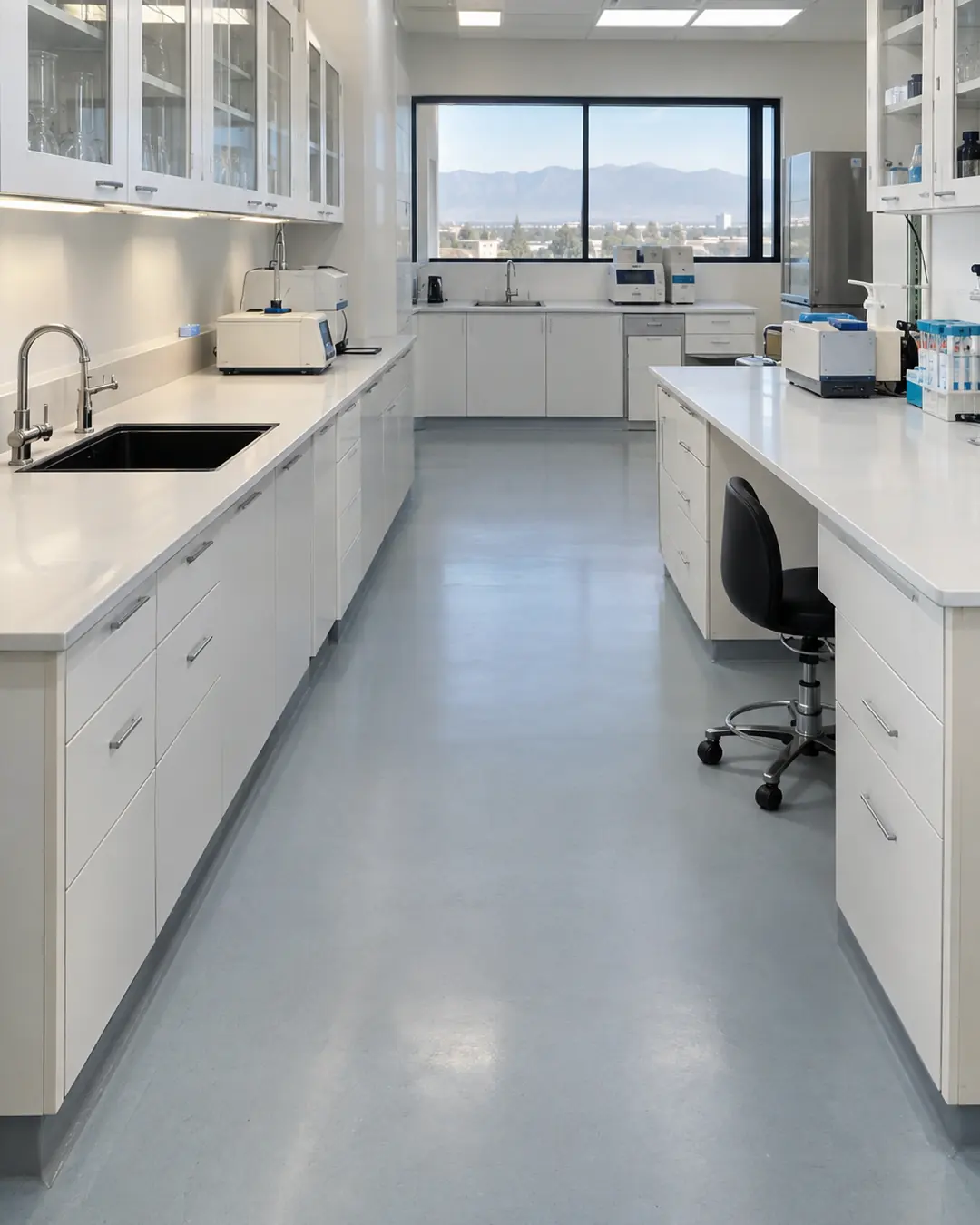 Laboratorio clínico con piso epóxico azul grisáceo (imagen de referencia)