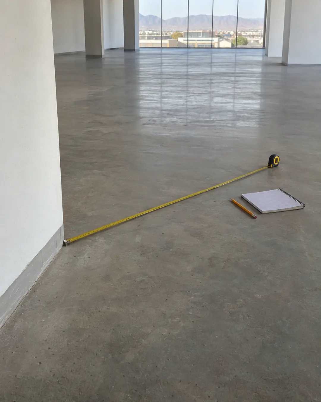 Cinta métrica extendida sobre un piso de concreto con una libreta al lado (imagen de referencia)