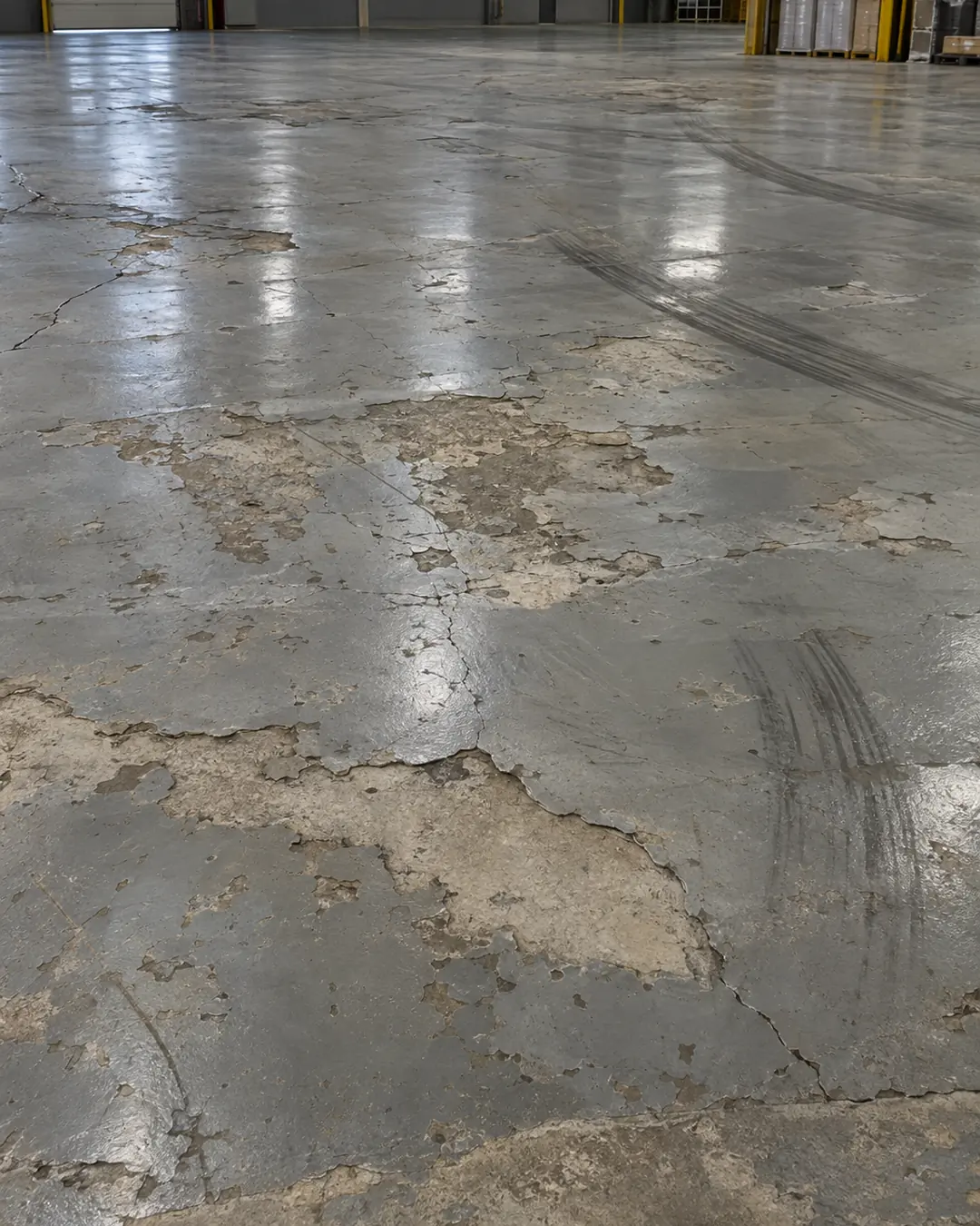 Piso epóxico desprendido en una bodega, antes de su reparación (imagen de referencia)