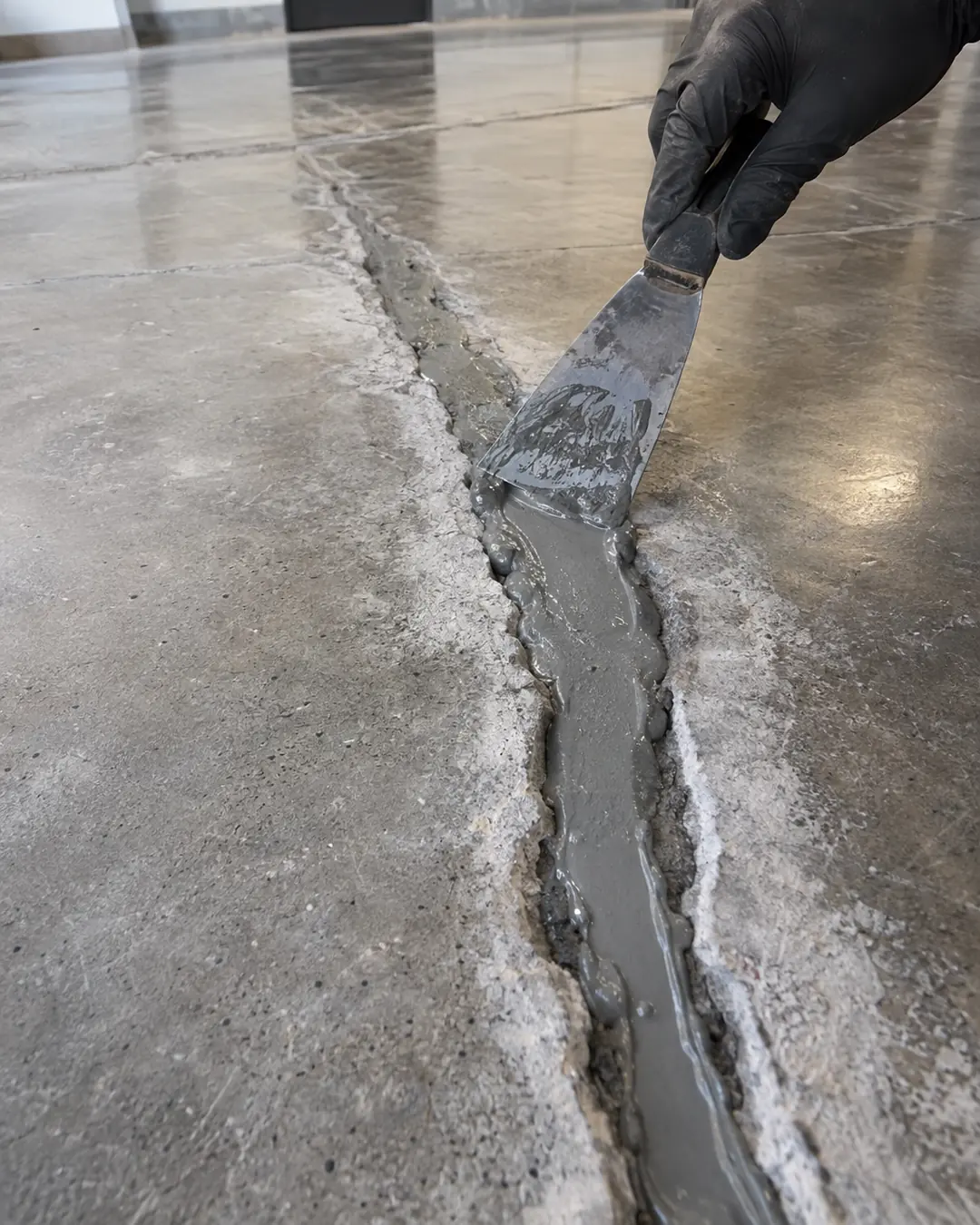 Reparación de una grieta en piso de concreto con pasta epóxica (imagen de referencia)